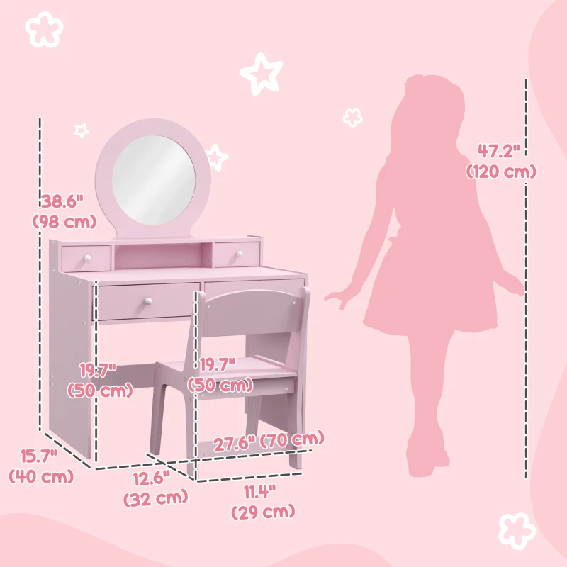 Qaba Kids Vanity Set, Children Makeup Table with Mirror, Stool and Storage Drawers, for Ages 3-8, Pink