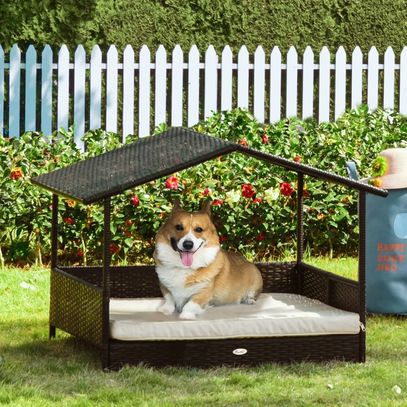 PawHut Wicker Dog House Outdoor with Canopy, Rattan Dog Bed with Water-resistant Cushion, Raised Dog Bed for Small, Medium Dogs up to 66 lbs, 19.75" in Length, Brown Wicker, White Cushion