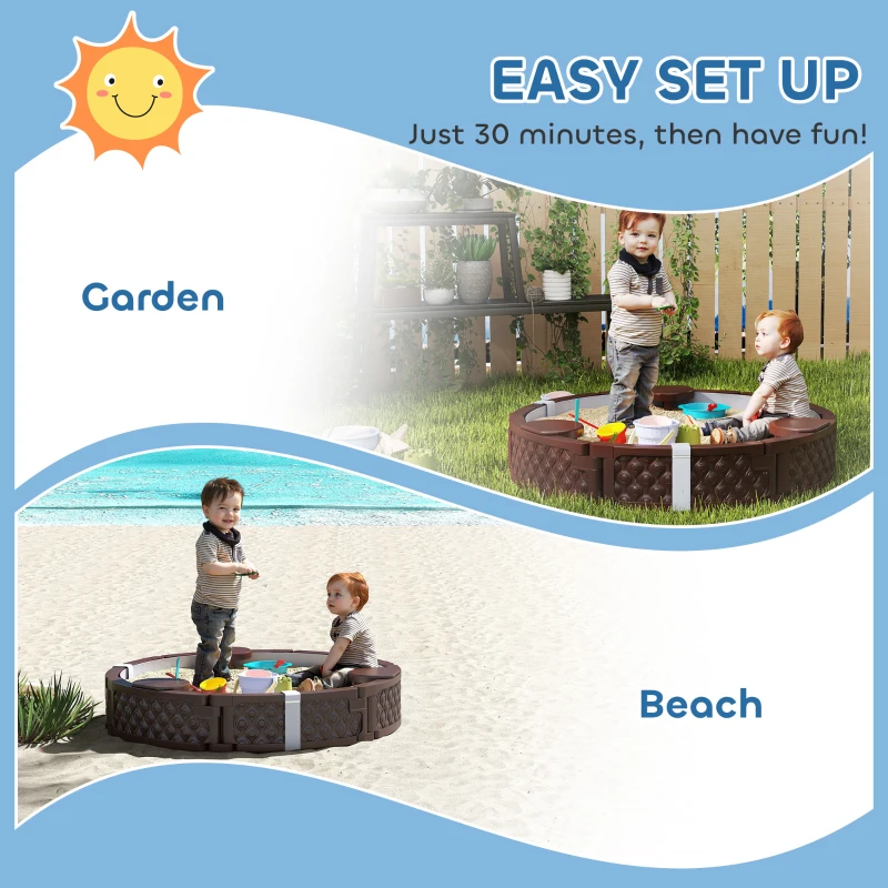 Qaba 47" Round Kids Sandbox with Cover, 3 Seats, Waterproof Bottom Liner, for Backyard, Lawn, Garden, Beach, Patio, Brown