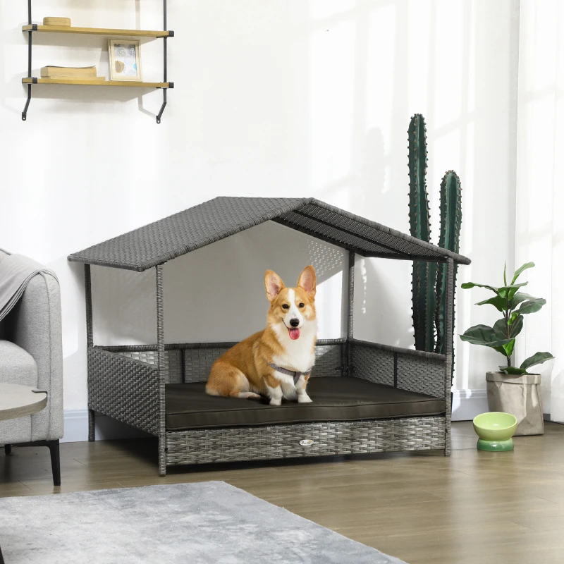 PawHut Outdoor Dog Bed with Canopy, Rattan Dog Bed with Soft Cushion Removable Cover for Medium and Large Dogs, Charcoal Gray