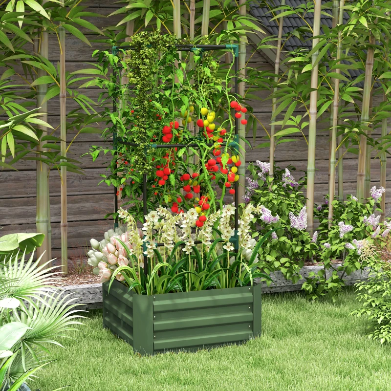 Outsunny Galvanized Planter Box, Outdoor Raised Garden Bed with 3-Tier Trellis Tomato Cage for Climbing Vines, Vegetables, Green