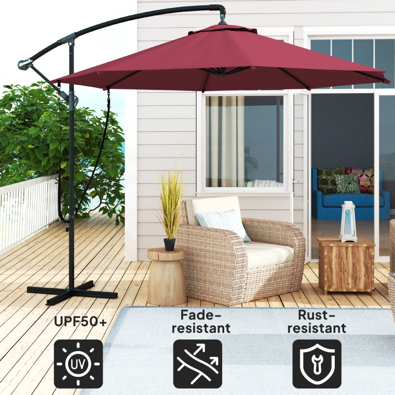 Outsunny 9.5' Cantilever Umbrella with Wind Protection Strap and Cover, Hanging Umbrella with Crank and Cross Base, UPF 50+, Red