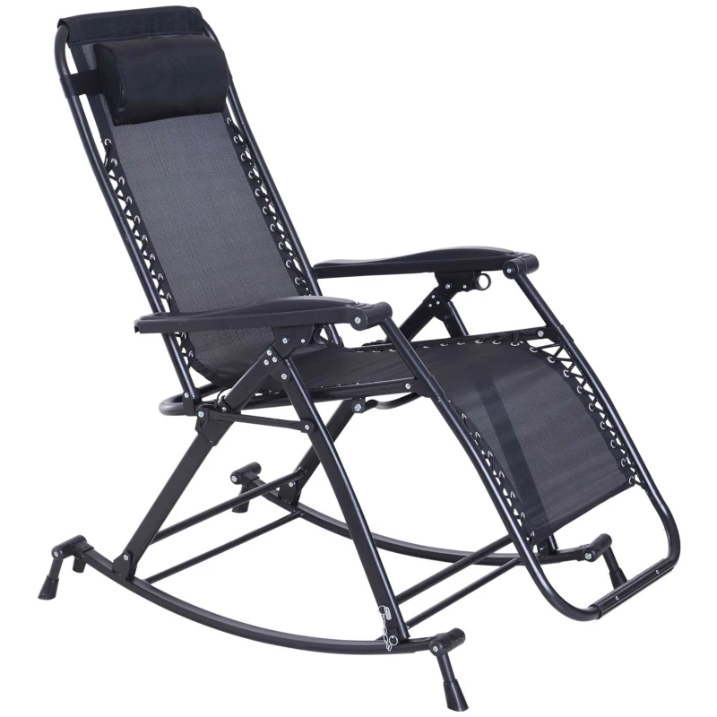 Outsunny 2 in 1 Adjustable Zero Gravity Reclining Lounge Chair Garden Recliner and Rocker Foldable Sun Lounger Napping Seat w/ Headrest & Tray Black