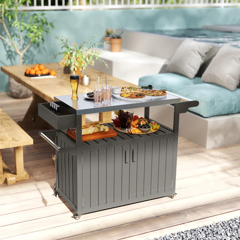 Outsunny Outdoor Bar Cart with Storage Cabinet, Stainless Steel Outdoor Bar Table Top, Wheeled HDPE Kitchen Island for Food Prep