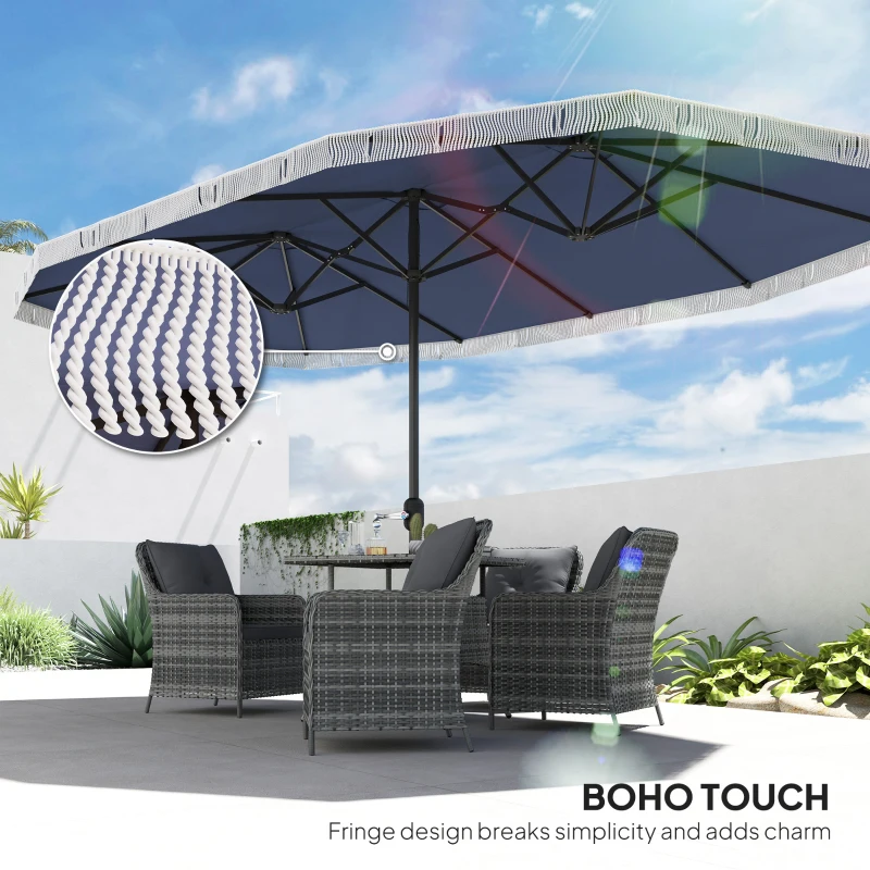 Outsunny 15ft Rectangle Patio Umbrella UPF30+ Extra Large Outdoor Umbrella with Fringe and Crank Handle, Dark Blue