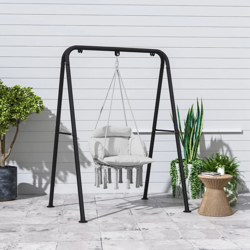 Outsunny Hammock Swing Chair, Macrame Hanging Chair with Large Cushion, Chain, Steel Frame for Indoor Outdoor Use, Gray