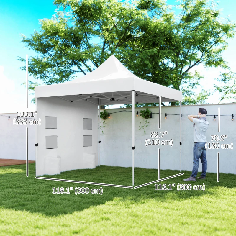 Outsunny 10' x 10' Heavy Duty Pop Up Canopy Tent w/ Sidewall, UPF50+ Instant Sun Shelter w/ Storage Pockets, Wheeled Bag, White
