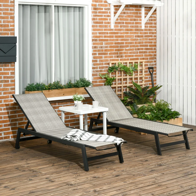Outsunny 2 Pieces Patio Lounger Chair Set, Outdoor Aluminum Frame PE Rattan Wicker Sun Lounger Set w/ 5-Position Backrest and Wheels for Sun Room, Garden, Poolside, Light Grey