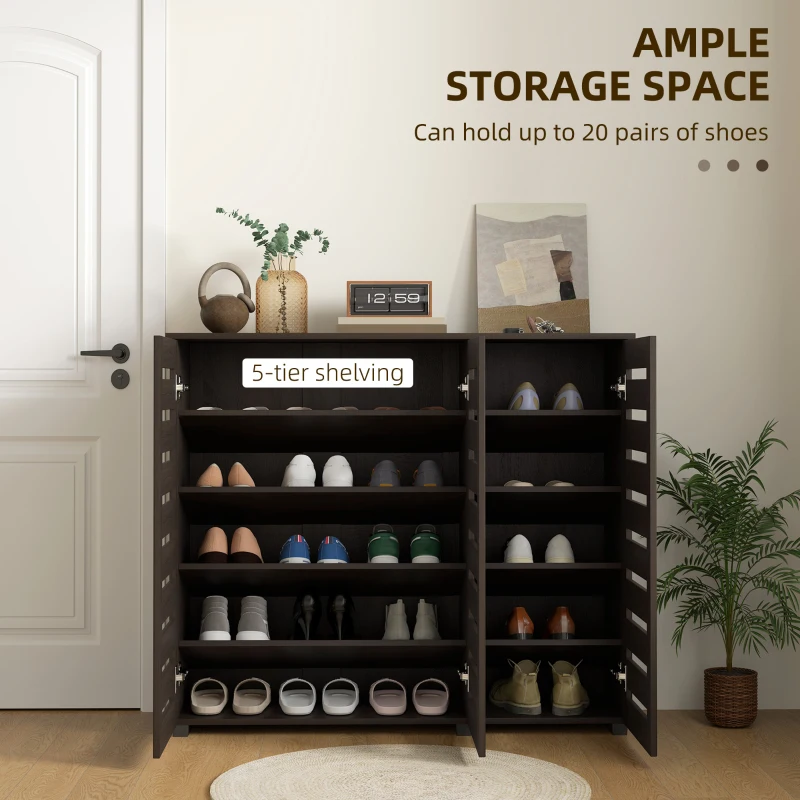 HOMCOM Narrow Shoe Cabinet with Slatted Doors, Adjustable Shelves for 20 Pairs of Shoes, Shoe Cabinet for Entryway, Dark Brown