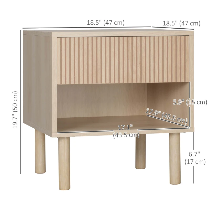 HOMCOM Set of 2 Bedroom Nightstands, Side Table with Storage Shelf and Drawer for Living Room, Bedroom, Natural Wood