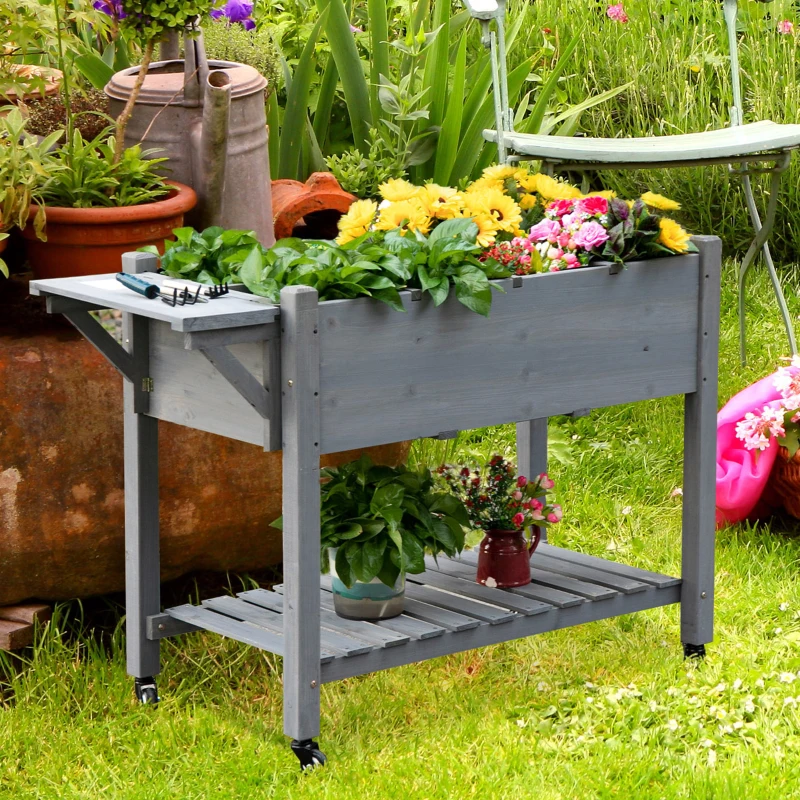 Outsunny Raised Garden Bed Planter Box w/ 8 Grow Grids, Storage Shelf & Lockable Wheels