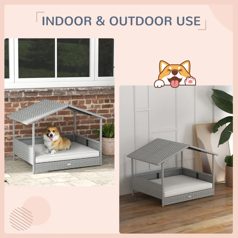 PawHut Wicker Dog House Outdoor with Canopy, Rattan Dog Bed with Water-resistant Cushion, Raised Pet Bed for Small, Medium Breeds up to 66 lbs, 20" in Length, Silver Wicker, White Cushion