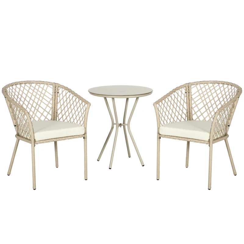 Outsunny 3 Pieces Patio Furniture Outdoor PE Rattan Bistro Set w/ Seat Cushions, Glass Table for Garden, Backyard, Beige