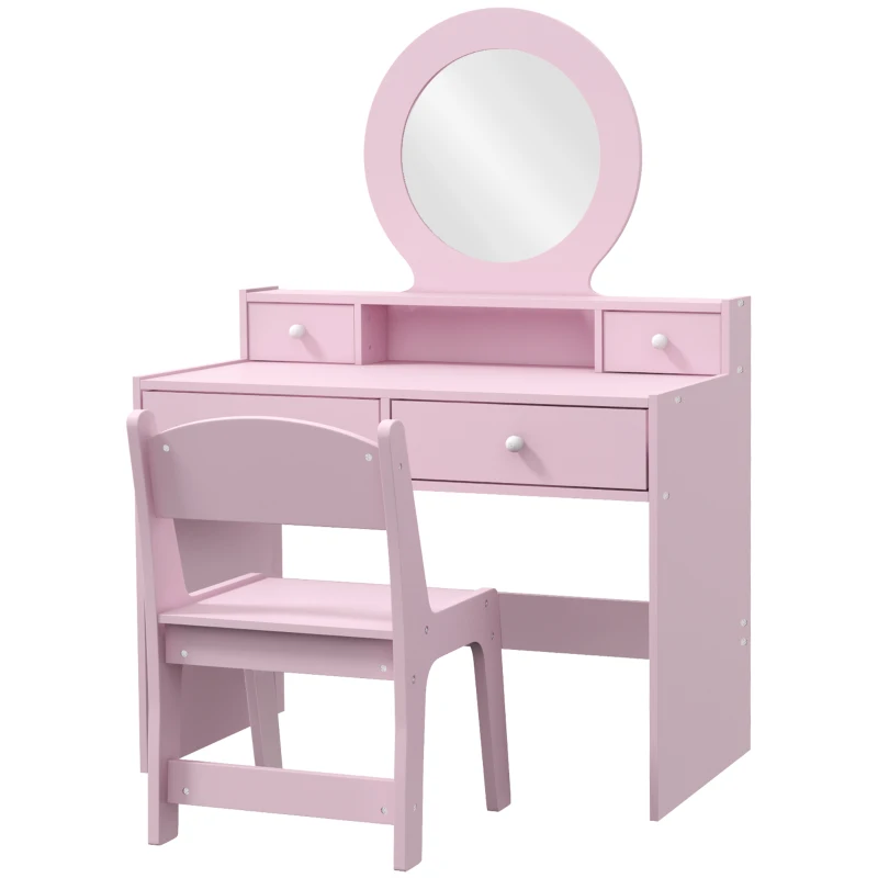Qaba Kids Vanity Set, Children Makeup Table with Mirror, Stool and Storage Drawers, for Ages 3-8, Pink