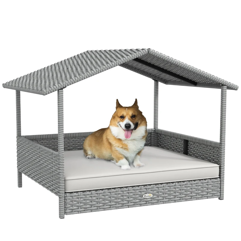 PawHut Wicker Dog House Outdoor with Canopy, Rattan Dog Bed with Water-resistant Cushion, Raised Pet Bed for Small, Medium Breeds up to 66 lbs, 20" in Length, Silver Wicker, White Cushion