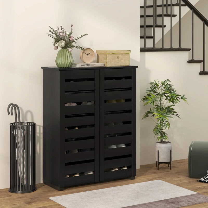 HOMCOM Shoe Storage Cabinet, Shoe Cabinet with 2 Slatted Doors for 15 Pairs of Shoes, Black