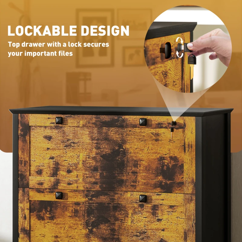 HOMCOM 2 Drawer File Cabinet, Lockable Filing Cabinet with Adjustable Hanging Bar for Letter, A4 Size, Rustic Brown