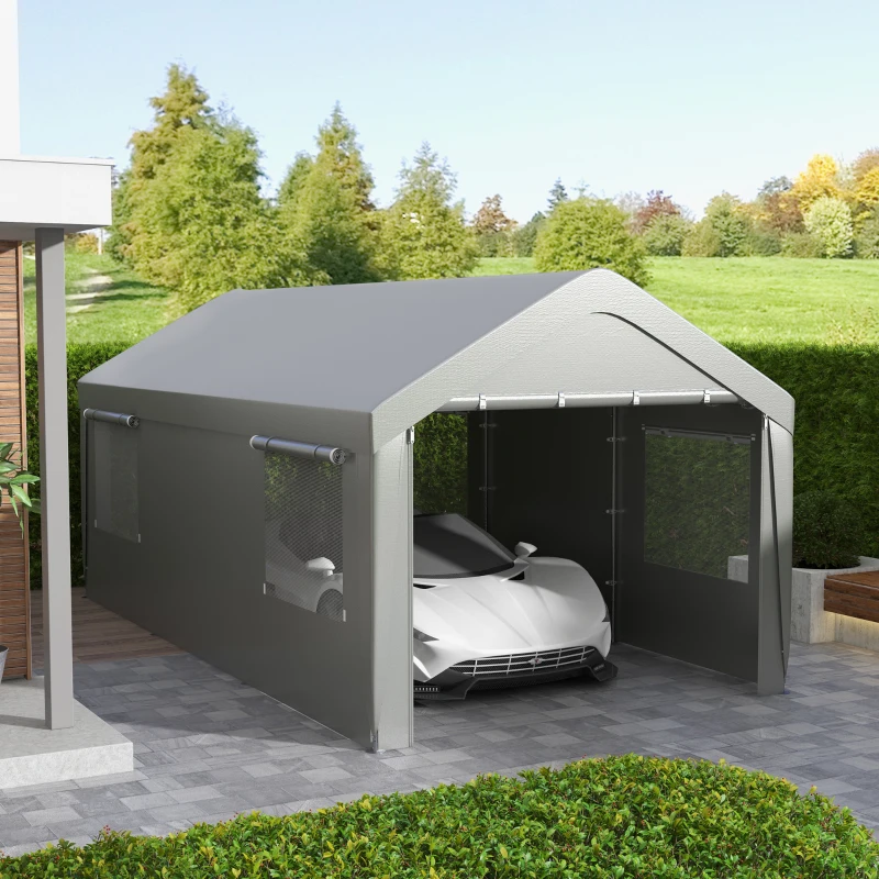 Outsunny 10' x 20' Carport, Heavy Duty Portable Garage, with 4 Mesh Windows and 2 Doors, Gray