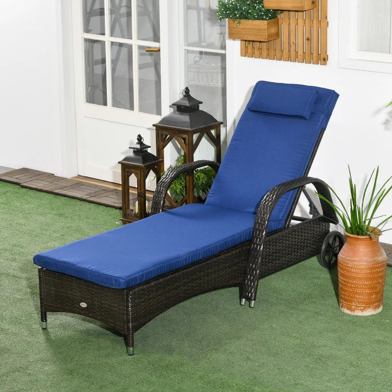 Outsunny Outdoor Lounger, Deck Lounge Chair with Headrest, 5-Level Adjustable, Backrest, Wheels, Mixed Brown and Dark Blue
