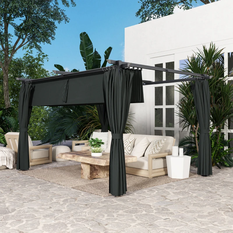 Outsunny 10' x 13' Pergola with Retractable Canopy and Curtains, UPF30+ Sun Shade Shelter for Grill, Garden, Backyard, Deck