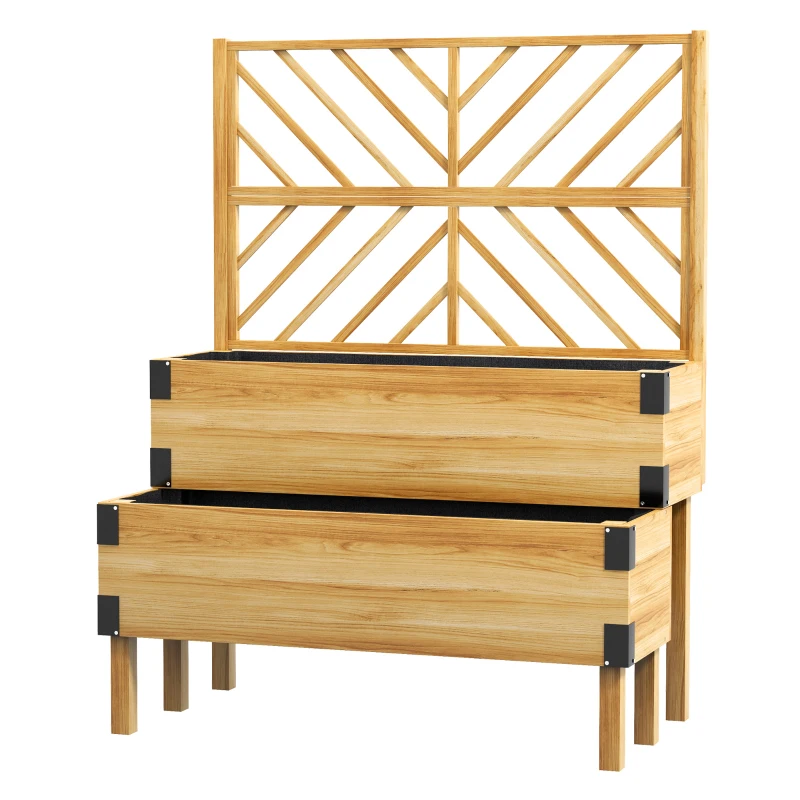 Outsunny Raised Garden Bed with Trellis, 2 Tier Wooden Elevated Planter Box, for Vegetables, Flowers, Herbs, Natural