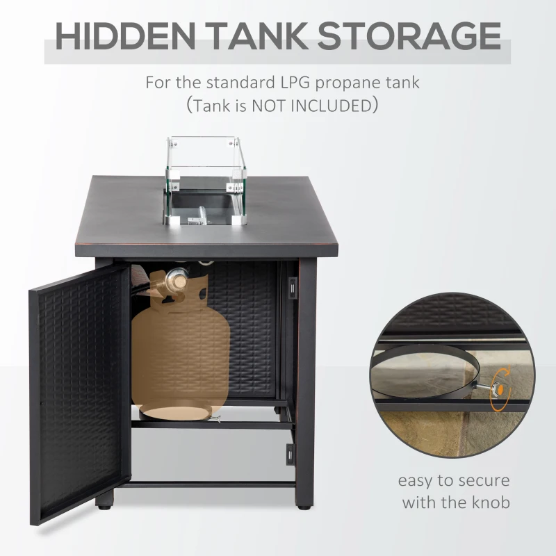 Outsunny 43 Inch Outdoor Propane Gas Fire Pit Table, 50,000 BTU Auto-Ignition Rectangular Wicker-effect Gas Firepit with Glass Wind Guard, Lid, Glass Beads, Steel Base, CSA Certification, Bronze