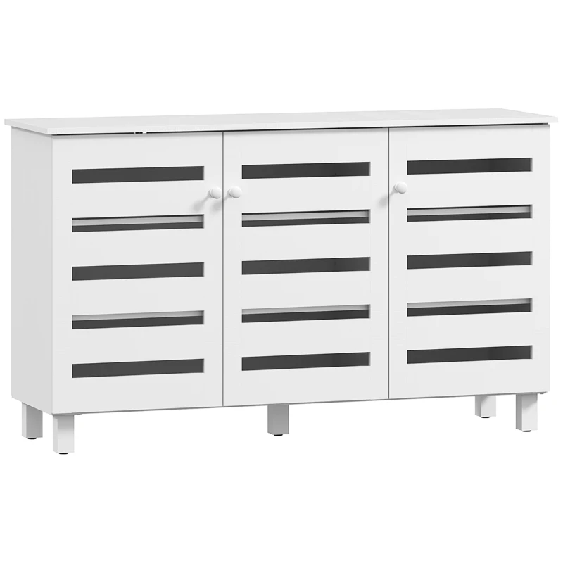 HOMCOM Shoe Cabinet with 3 Slatted Doors, 3-tier Shelving Rack Cabinet with Adjustable Shelves for 15 Pairs of Shoes, White