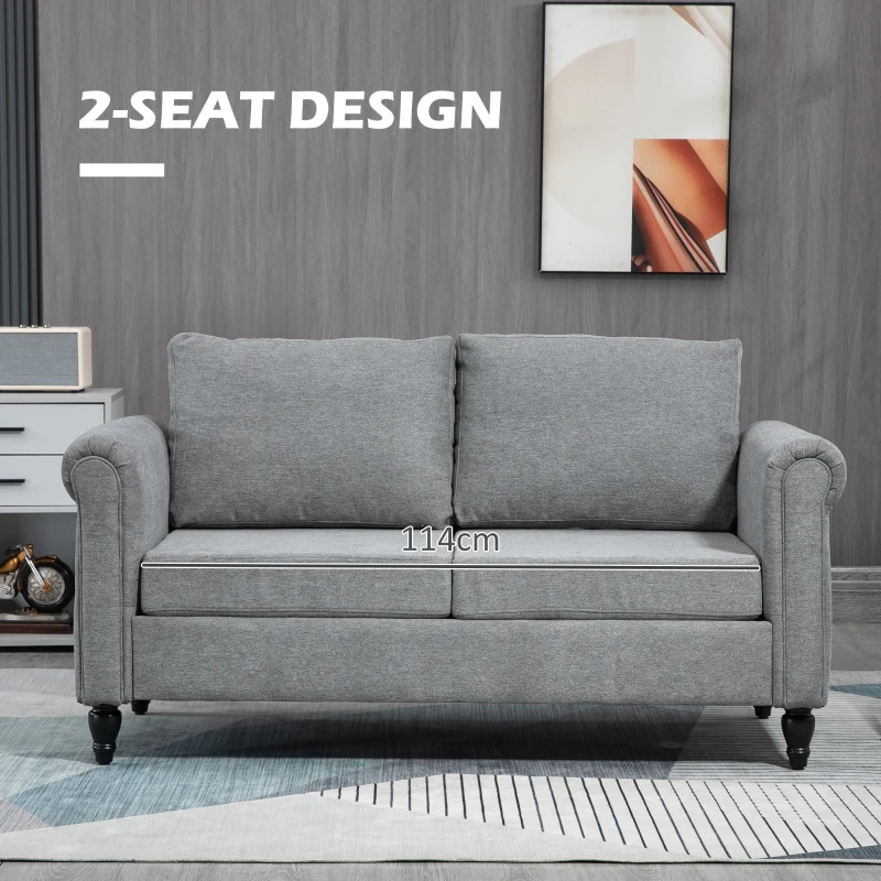 HOMCOM Vintage Loveseat, Upholstered Love Seat Furniture, Chenille-feel Fabric 2 Seater Sofa Couch with Rolled Arms, Gourd-Shaped Rubber Wood Legs for Living Room, Light Grey