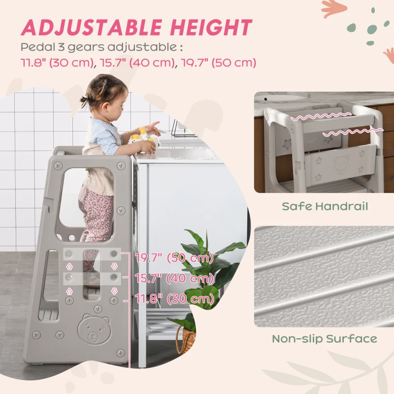Qaba Toddler Kitchen Helper 2 Step Stool with Adjustable Height Platform and Safety Rail, Grey