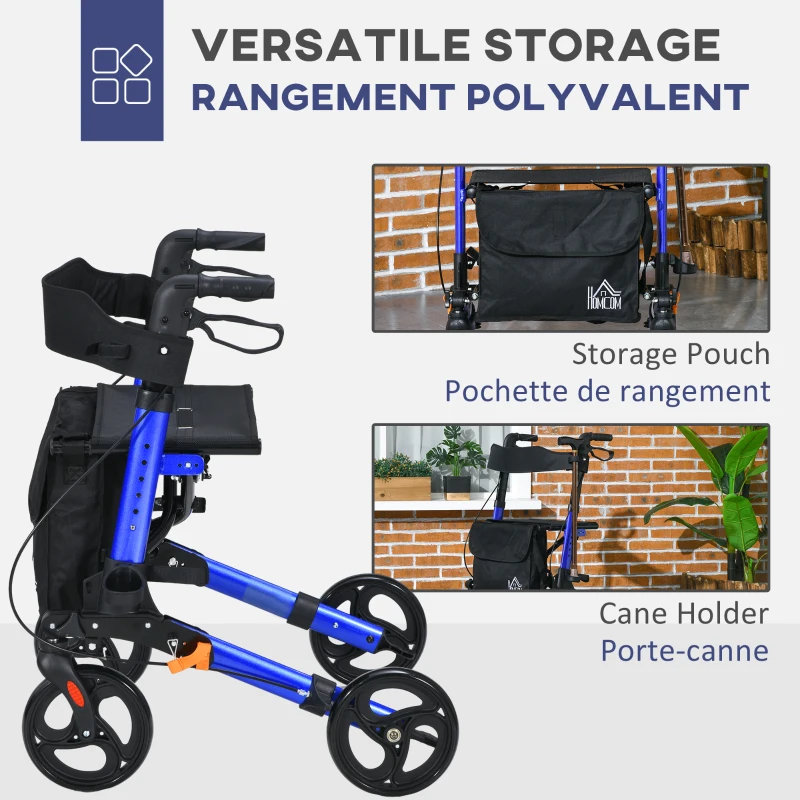 HOMCOM Rollator for Seniors with Seat, Back, Cane Holder, Aluminium Folding Rolling Walker with Adjustable Handle, Bag, Blue