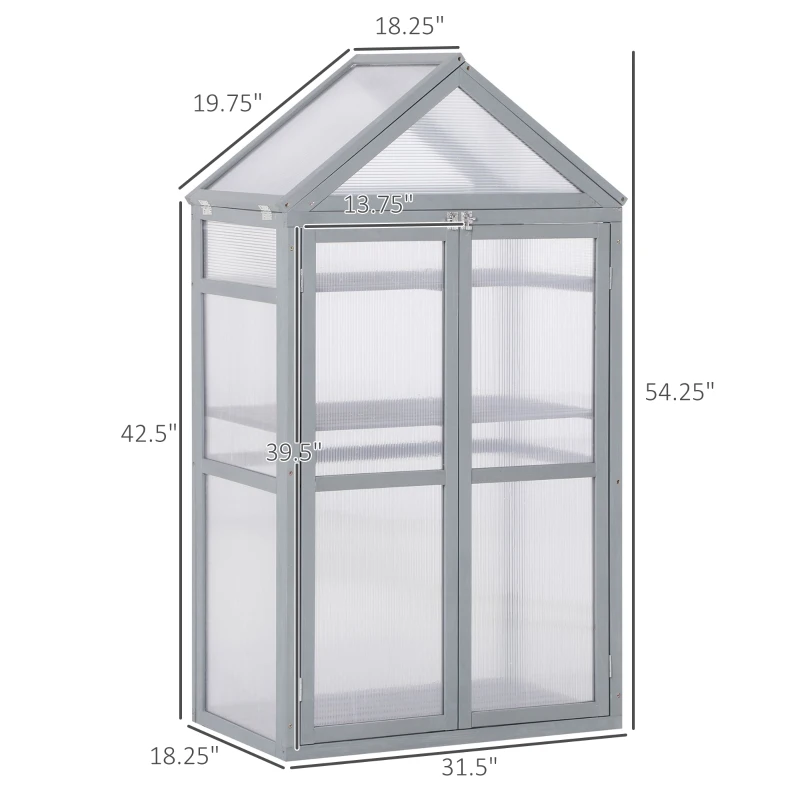 Outsunny 32" x 19" x 54" Garden Wood Cold Frame Greenhouse Flower Planter with Adjustable Shelves, Double Doors, Grey