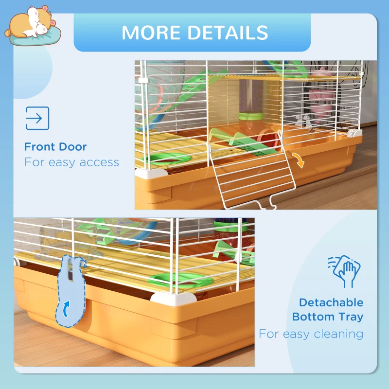 PawHut 5 Tiers Hamster Cage Portable with Exercise Wheels Play Tube Water Bottle Dishes House Ladder for Gerbils, Orange