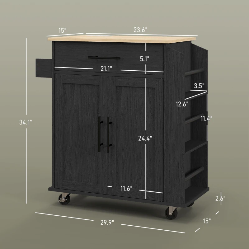 HOMCOM Rolling Island with Wheels for Kitchen, Kitchen Island on Rollers with Power Outlets, Drawer, and Doors, Black