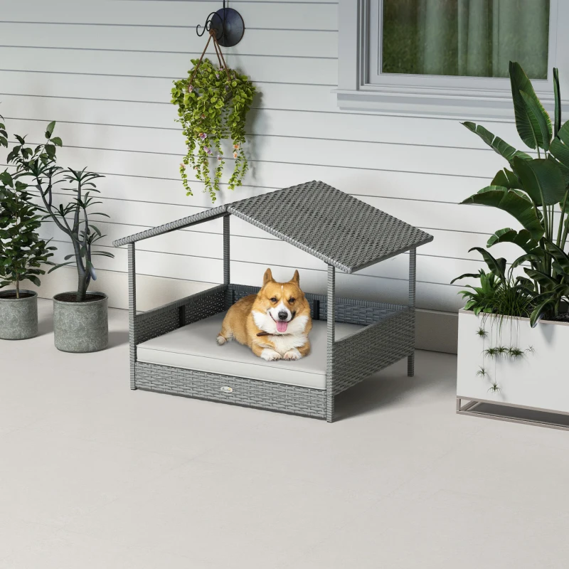 PawHut Wicker Dog House Outdoor with Canopy, Rattan Dog Bed with Water-resistant Cushion, Raised Pet Bed for Small, Medium Breeds up to 66 lbs, 20" in Length, Silver Wicker, White Cushion