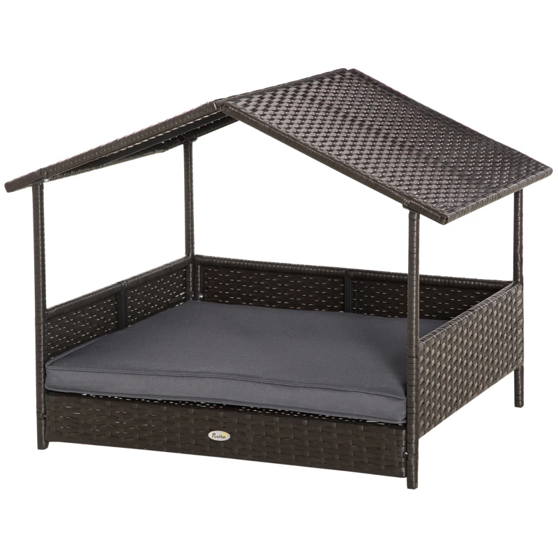 PawHut Wicker Dog House Outdoor with Canopy, Rattan Dog Bed with Water-resistant Cushion, Raised Pet Bed for Small, Medium Breeds up to 66 lbs, 20" in Length, Brown Wicker, Gray Cushion