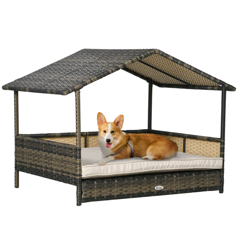 PawHut Wicker Dog House with Removable Cushion Lounge, Khaki