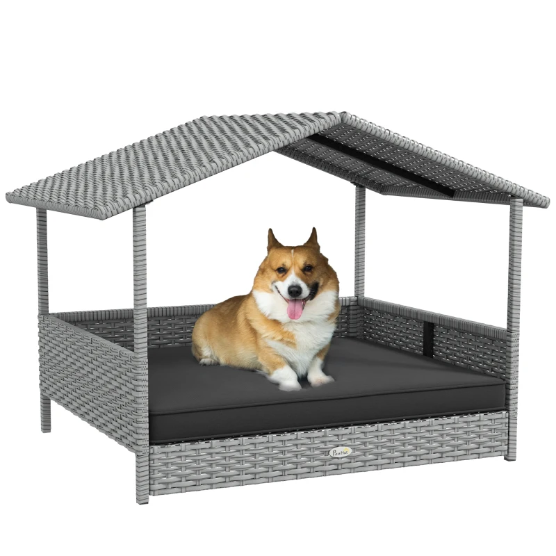 PawHut Wicker Dog House Outdoor with Canopy, Rattan Dog Bed with Water-resistant Cushion, Raised Pet Bed for Small, Medium Breeds up to 66 lbs, 20" in Length, Silver Wicker, Gray Cushion