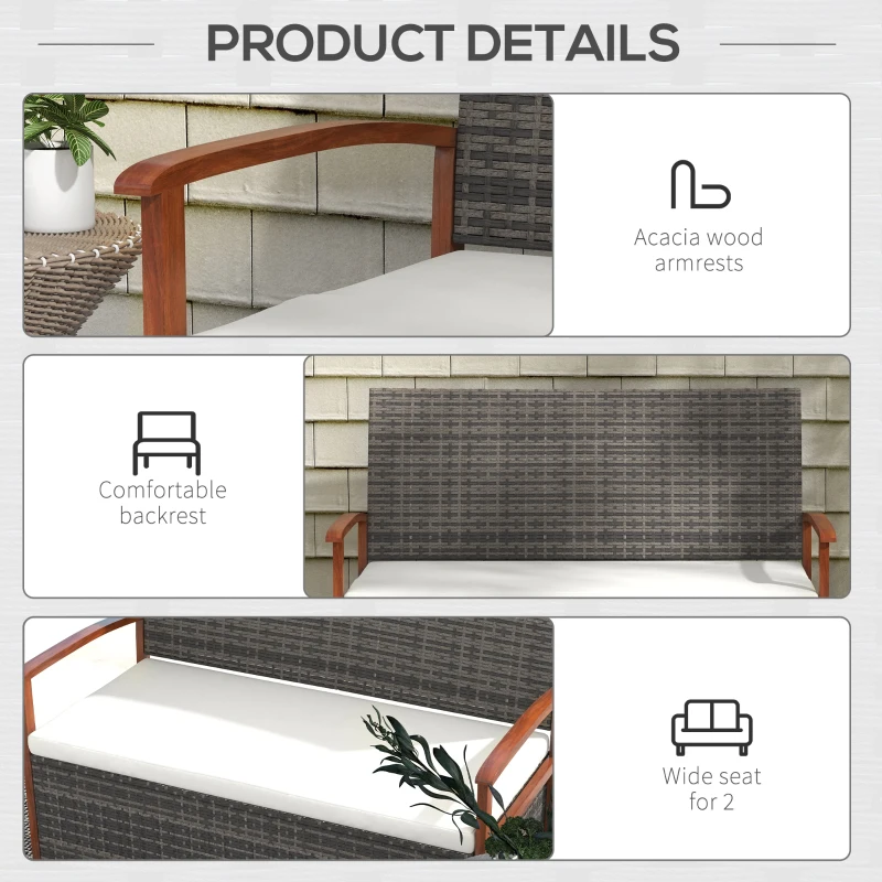 Outsunny Outdoor Rattan Bench with Cushion, Patio Loveseat, Patio Furniture, 50.2" x 25.2" x 31.9", Cream White