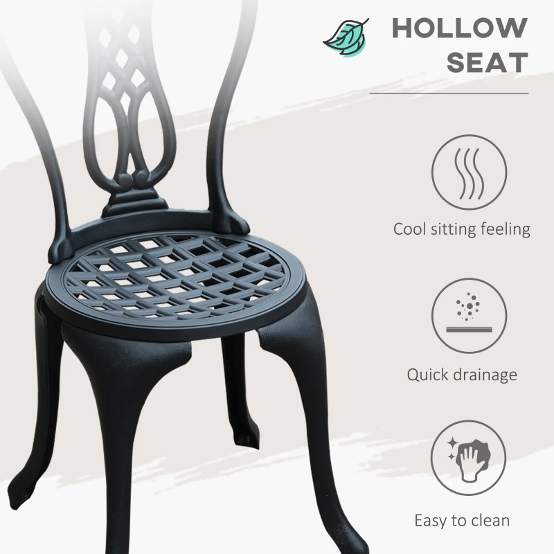 Outsunny 3 Pieces Antique Outdoor Bistro Set Cast Aluminum Patio Table and Chairs with Umbrella Hole, Black