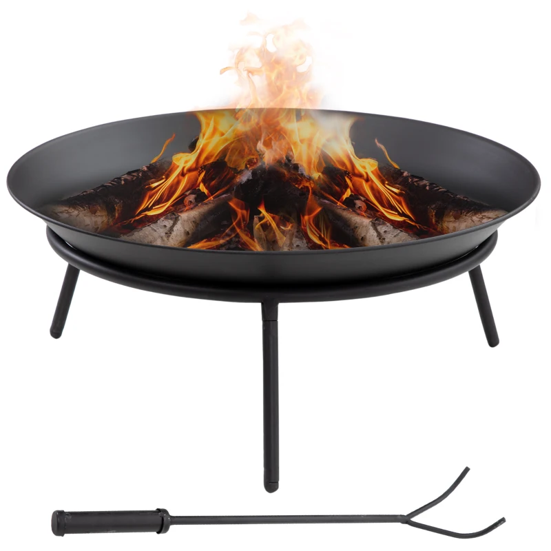 Outsunny Fire Pit with Poker, Garden Fire Brazier Patio Heater Log Wood Burner for Outdoor Camping Bonfire, Black
