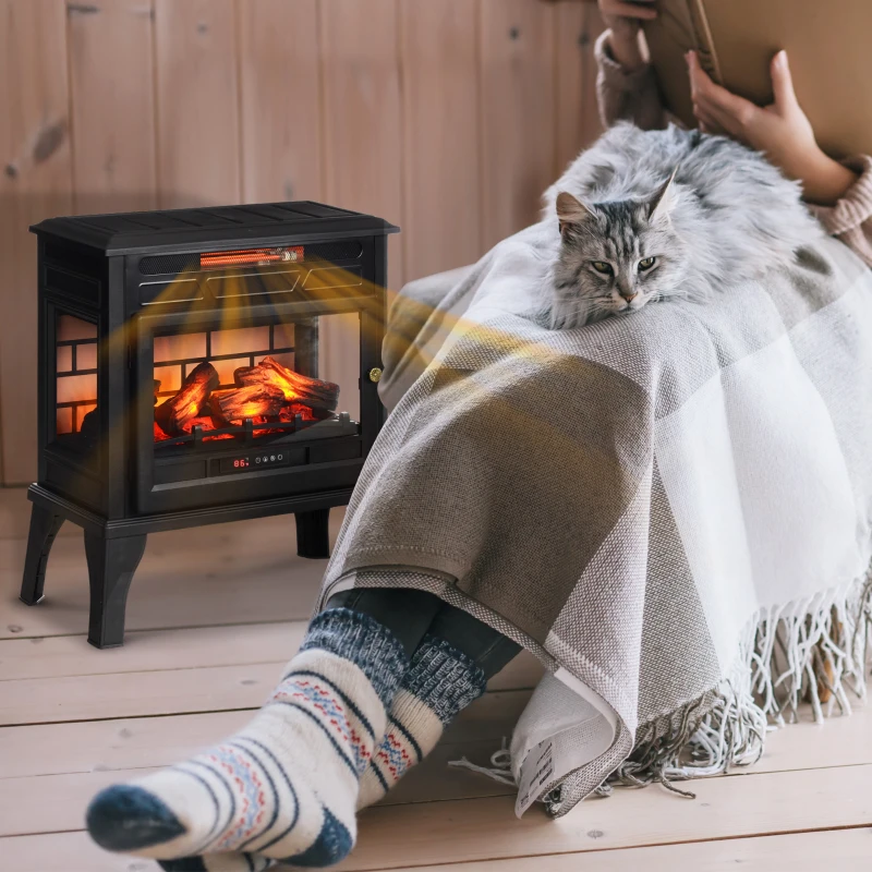 HOMCOM 24" Electric Fireplace Stove, 1000W/1500W Freestanding Fireplace Heater with Overheat Protection, Remote Control, Black