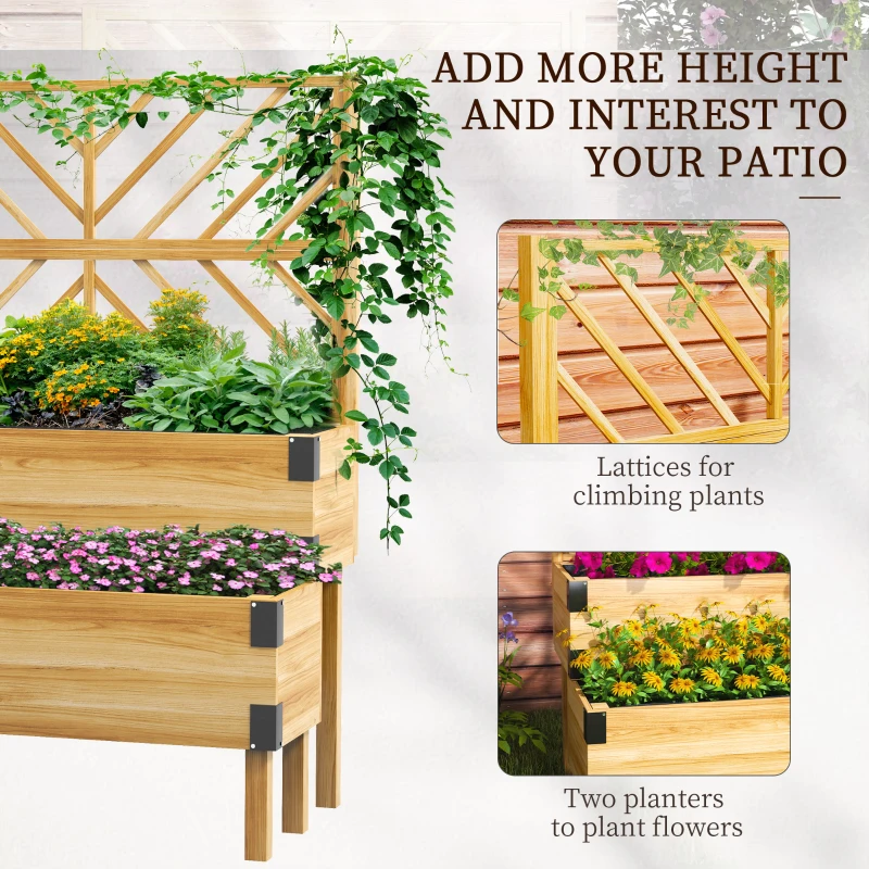 Outsunny Raised Garden Bed with Trellis, 2 Tier Wooden Elevated Planter Box, for Vegetables, Flowers, Herbs, Natural