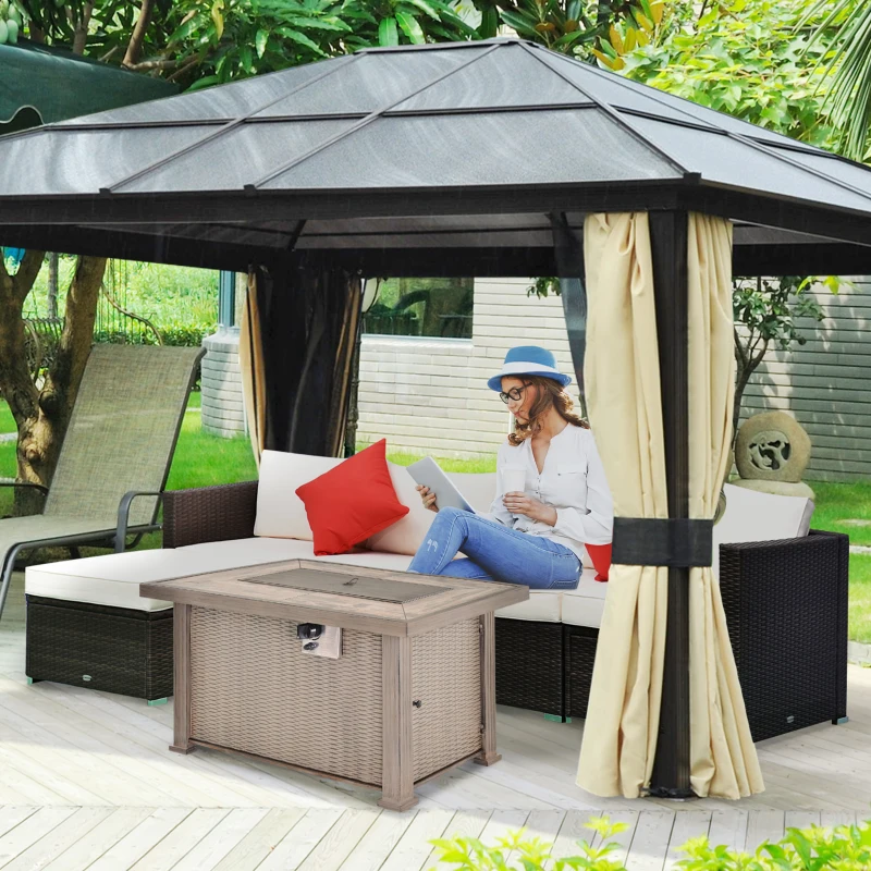 Outsunny Propane Fire Pit Table, 30,000 BTU 42" Wicker-Effect Gas Fire Table, Auto-Ignition Rectangular Outdoor Firepit with Lid, Ceramic Tabletop, Lava Rocks and Rain Cover, CSA Certification, Gray