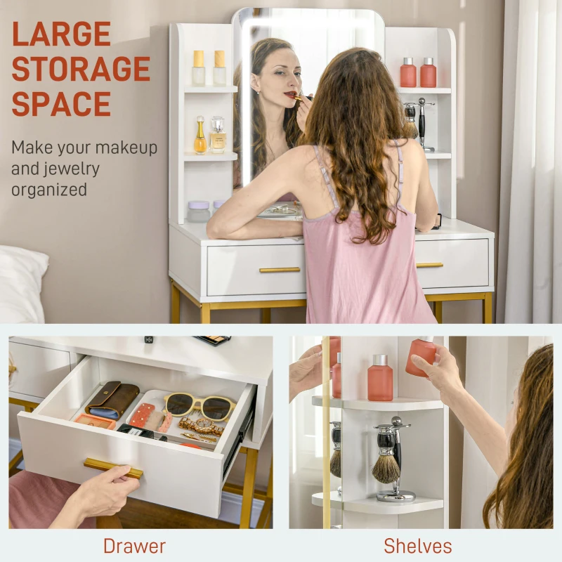 HOMCOM Makeup Vanity Table Set with 3 Colour LED Lighting Mirror, Stool, Drawers, Shelves, Dressing Table for Bedroom, White