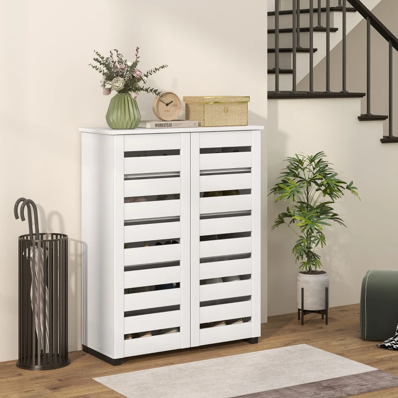 HOMCOM Shoe Storage Cabinet, Shoe Cabinet with 2 Slatted Doors for 15 Pairs of Shoes, White