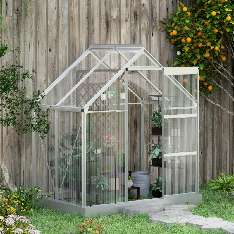 Outsunny 6' x 4' Walk-In Greenhouse, Polycarbonate Greenhouse with Sliding Door, Window, Aluminium Frame, Foundation, Silver