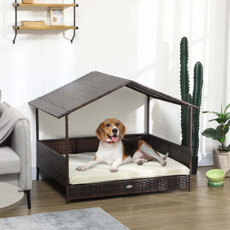 PawHut Outdoor Dog Bed with Canopy, Rattan Dog Bed with Soft Cushion Removable Cover for Medium and Large Dogs, Cream White