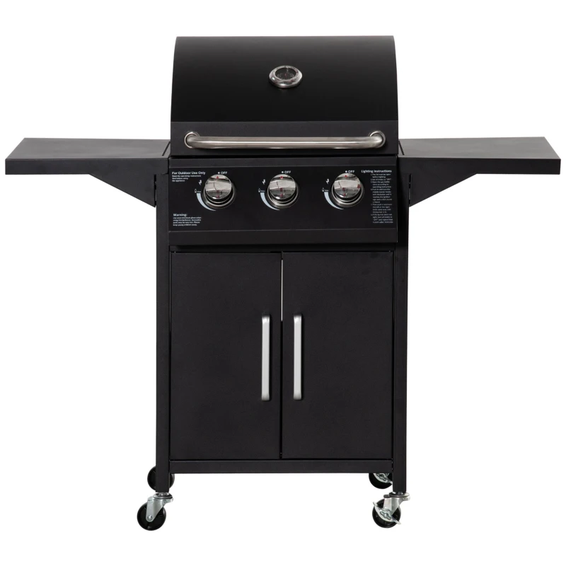 Outsunny Outdoor 3 Burner Gas Grill Portable Barbecue w/ Wheels, Warming Rack, Shelves, Cabinet, Thermometer, Black