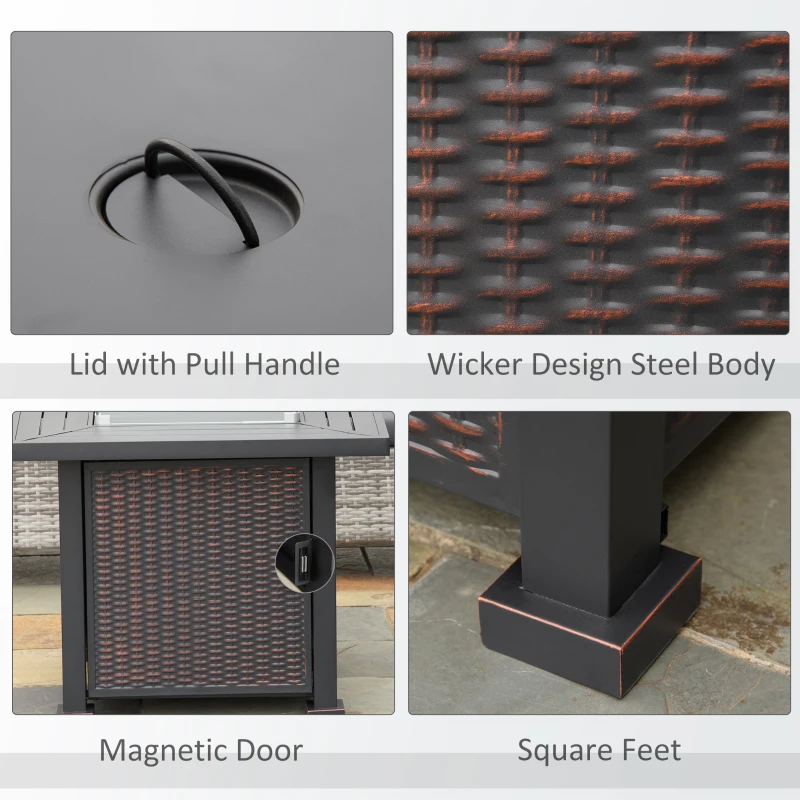 Outsunny 34 Inch Outdoor Propane Gas Fire Pit Table, 50,000 BTU Auto-Ignition Square Wicker-effect Gas Firepit with Glass Wind Guard, Lid, Lava Rocks, Steel Base, CSA Certification, Black