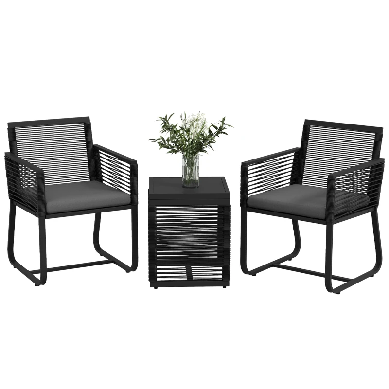 Outsunny 3 Pieces Patio Furniture Outdoor PE Rattan Bistro Set w/ Seat Cushions Tempered Glass Table for Garden Backyard, Black